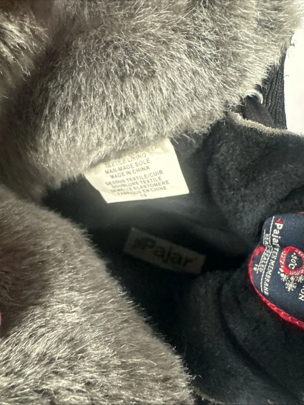Pajar Women's Black Winter Boots with Gray Faux Fur Cuff and Red Trim